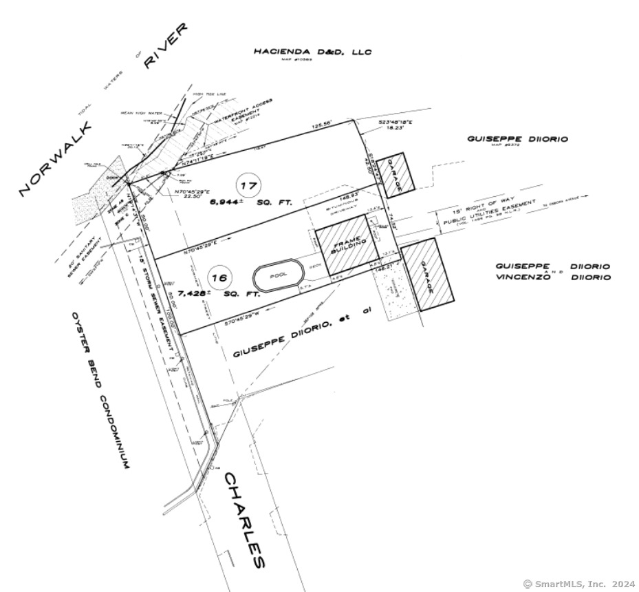 Three adjoining lots in zone CD-2 allowing for a 2-family dwelling on each parcel located on a cul-de-sac in East Norwalk. It has a waterfront access easement to the Norwalk River and a right of way and easement for public utilities to and from Osborne Avenue. Public sewer, water, and gas are available on the middle lot. The buyer is to do its own due diligence with P&Z.