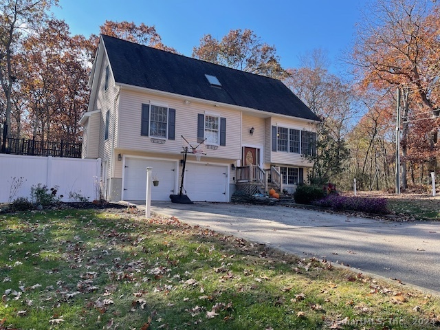 Opportunity knocks! Built in 2000, this 2006 sq. ft. Cape Cod style home sets on 2.77 acres features 3 bedrooms, 2.5 bath, open kitchen, dining room, living room, pellet stove, den off living room perfect for office, laundry in 1/2 bath, sun room off kitchen leads to rear deck (unheated sunroom, baseboard heating in sunroom does not work), upper level with Primary bedroom w/ renovated bath and large walk in closet, open hallway adds xtra space. Lower level office, 2 c garage under (owner does not think baseboards in garage are operational) Above ground pool, vinyl siding, large detached shed and large shed under home for ample storage. 200 amp service, oil heating, newer boiler, original roof and original central air system. shared driveway, first home on left. Wired for generator, generator does not convey.