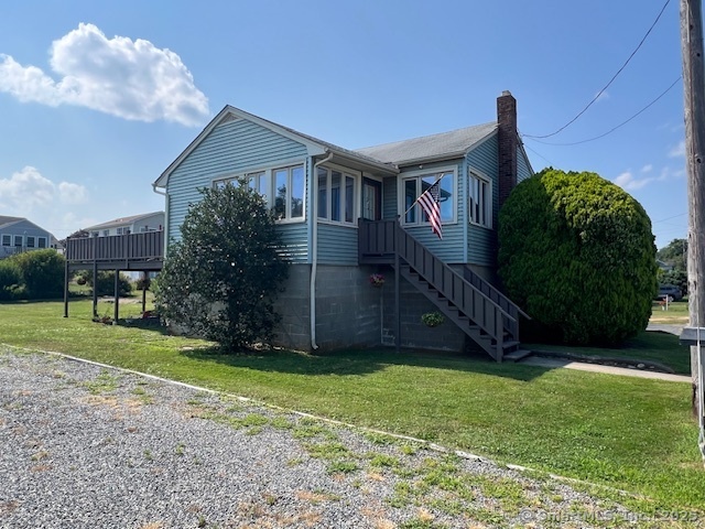 Ranch style home with 2 beds, 2 baths, kitchen, dining area, living area and an enclosed porch being used as a family room. Washer/Dryer. Central Air. Lower level is a 1 car garage. Vinyl siding. Enjoy all the amenities of Lords Point, a small private waterfront village located on Fisher's Island Sound with six beaches, 2 docks, tennis court, basketball court and a community house that hosts various summer activities. This property is a pleasure to show.