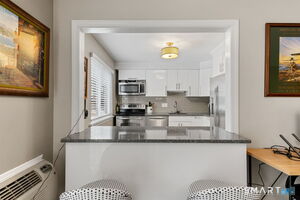 Thoughtfully renovated kitchen offering granite countertops, stainless steel appliances, abundant cabinetry, and a breakfast bar that opens to the dining area for effortless entertaining.