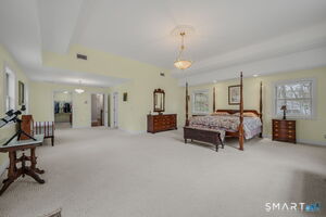 Primary bedroom ensuite. Tray ceiling with lights. Balcony with wooded and pond view. Walk - in closet.