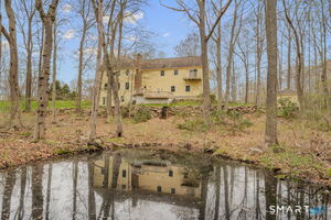 view of side of house from pond area.