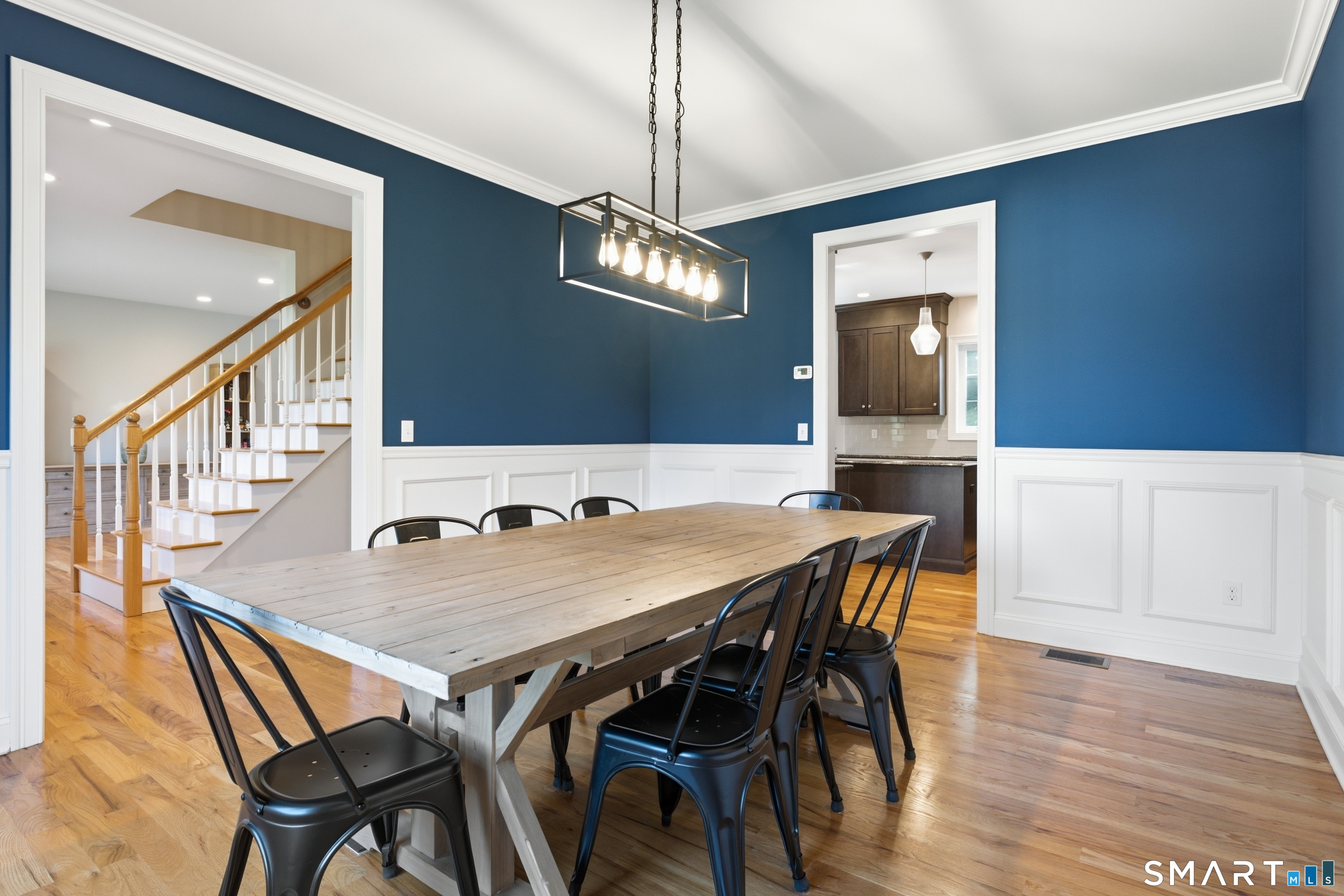 Beautiful dining room is spacious.