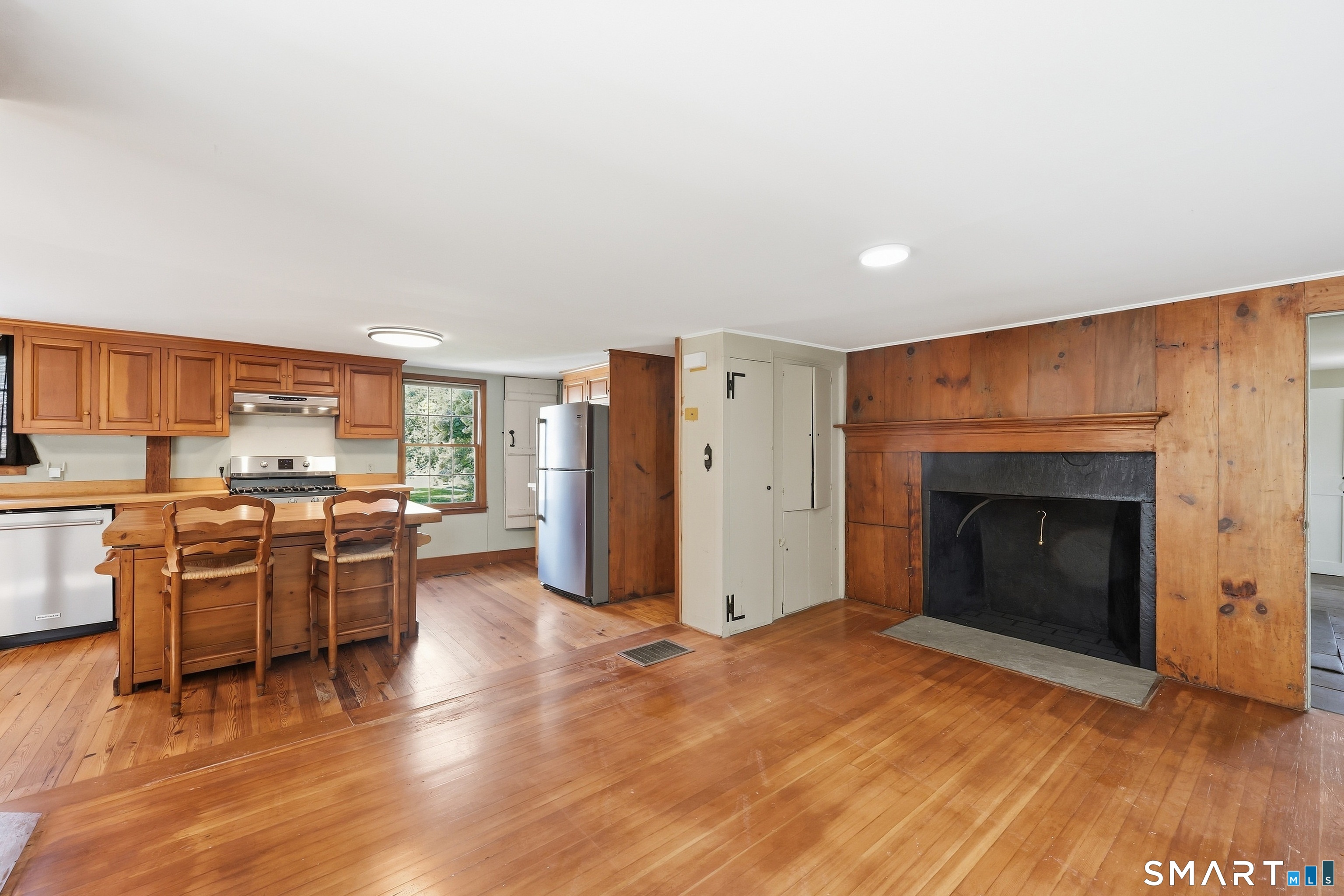 Dining room with fireplace.