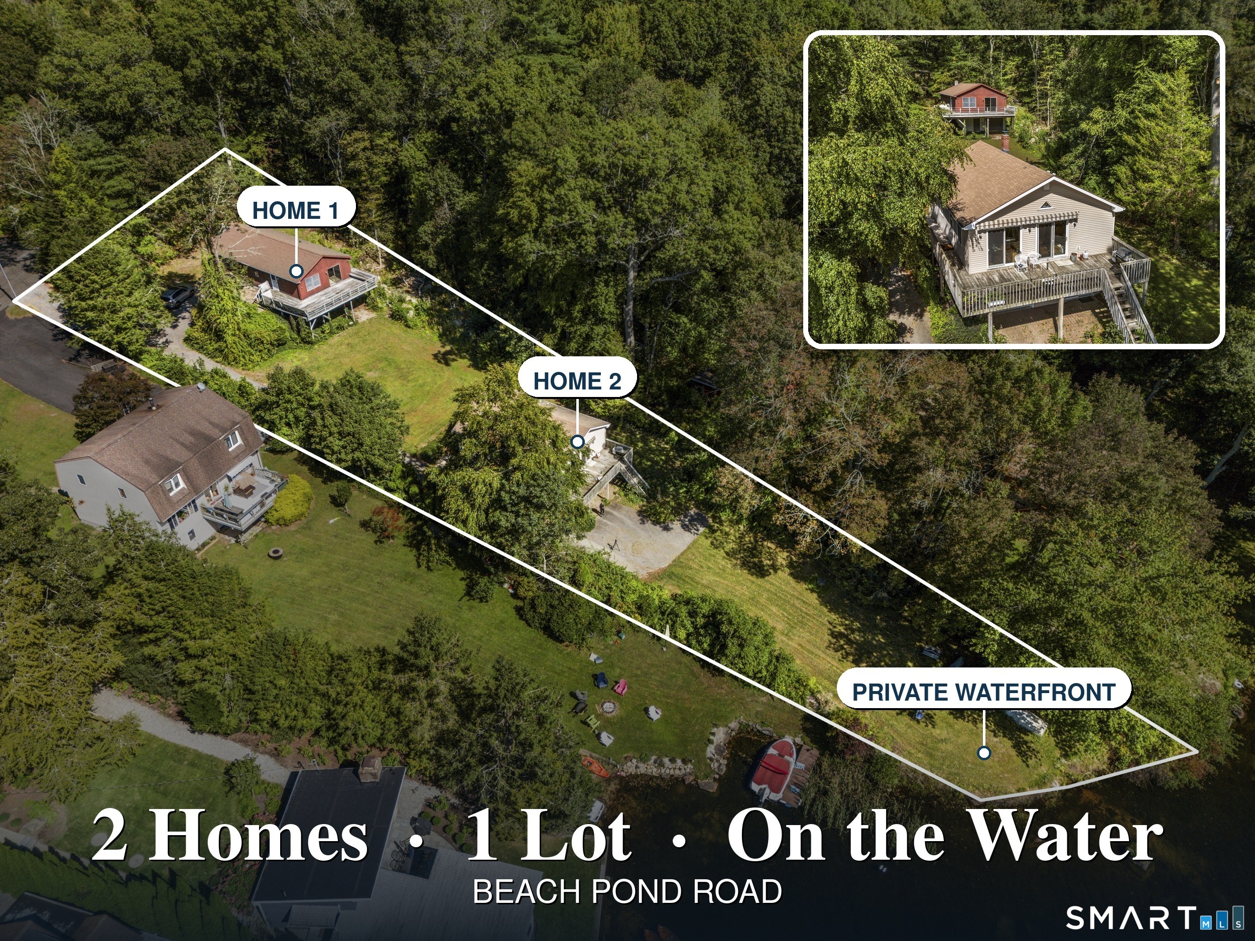 Rare opportunity to own 2 single-family homes with direct frontage on beautiful Beach Pond! Set on .57 acres with approximately 100 feet of waterfront, this unique property offers the space and flexibility of 2 separate residences on 1 lot in a peaceful lakeside setting. The 2-home configuration is well suited for multigenerational living, extended stays, guest accommodations, or simply enjoying additional space and privacy. Spend mornings sipping coffee by the water, afternoons enjoying Beach Pond, and evenings relaxing along the shoreline. Both ranch-style homes feature 3 bedrooms and 2 baths. 88A, built in 1986, offers approximately 1,104 sq ft of living space. It has a brand new oil tank. 88B, built in 1993 and situated closest to the water, offers approximately 962 sq ft on the main level plus approximately 130 sq ft of finished space in the lower level. They each have their own wells and septics. Whether you enjoy swimming, boating, kayaking or fishing the beautiful Beach Pond setting creates a truly unique opportunity to enjoy the lakeside lifestyle! Come make these homes your own.