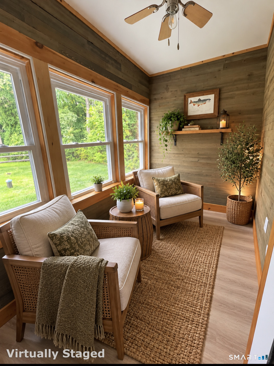 Virtually staged to help you imagine this sunroom as a cozy place to relax and enjoy the wooded surroundings