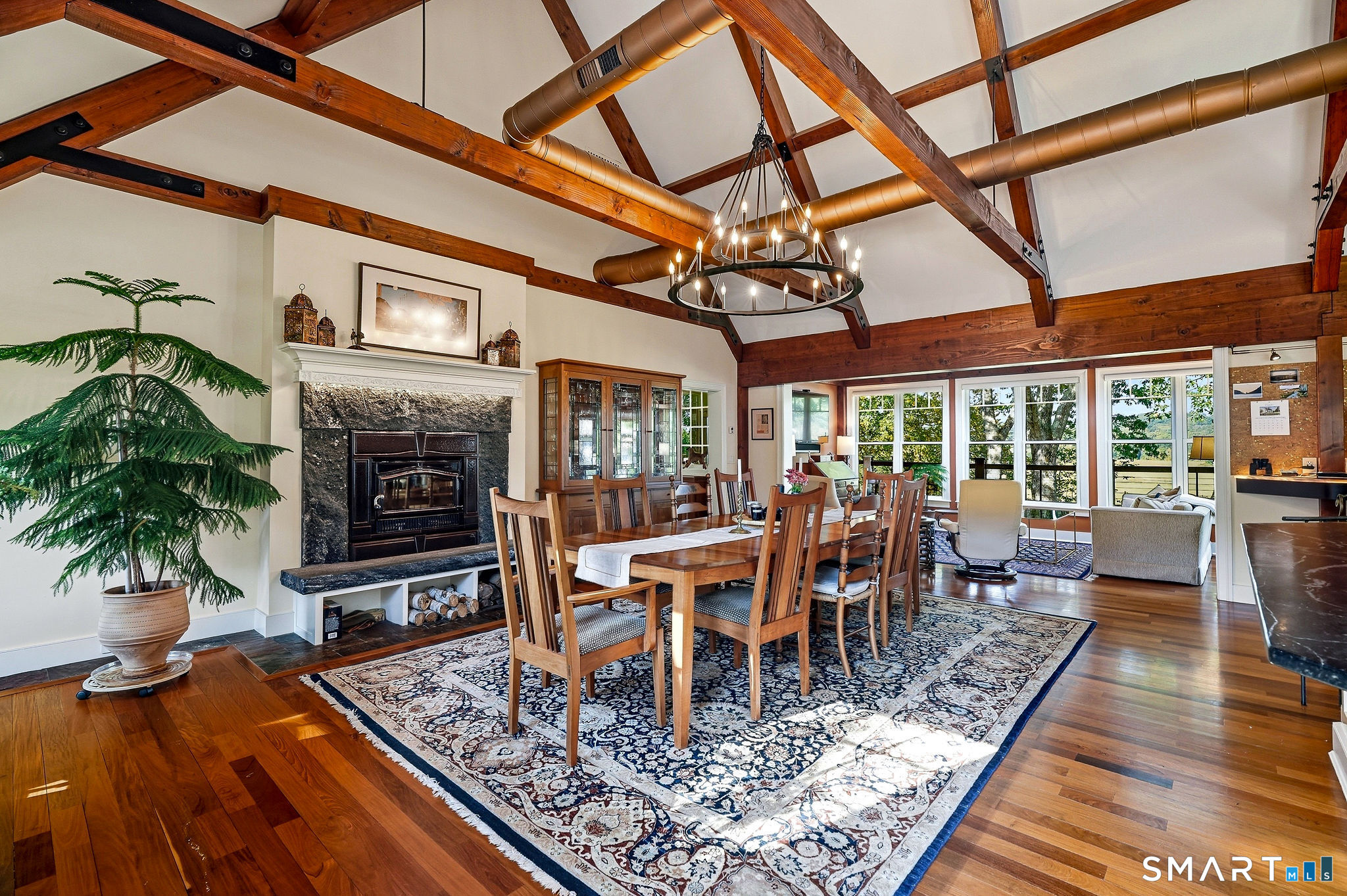 Dining area with fireplace and wood insert
