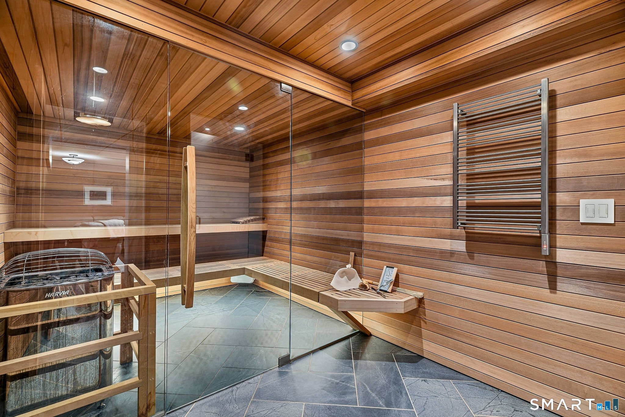 The sauna and shower are found adjacent 