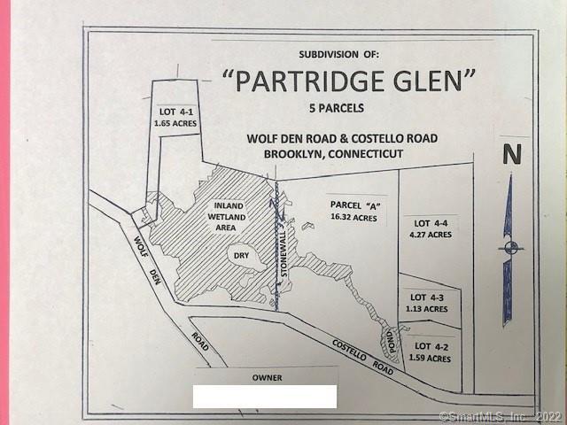 Sub-Division of Partridge Glen, 5 Parcels located in a great area, parcels are treed, some stone walls & small pond. Parcel sizes range from 1.3 acres to 16.3 acres, prices for individual parcels range from $55, 900 to $114, 900. All Sub-Division Map Mylars are filed in the Town Clerk's office. A detailed map can be accessed on the Town Website in Vol. 16, Page 127depicting lot lines, contour elevations, wetland boundaries etc. Ask for additional information.